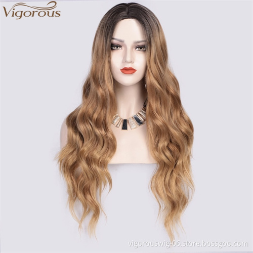 Vigorous Cheap Blonde Wavy For White Women Long Curly Synthetic Party Wigs Heat Resistant Middle Part Wig Brown
